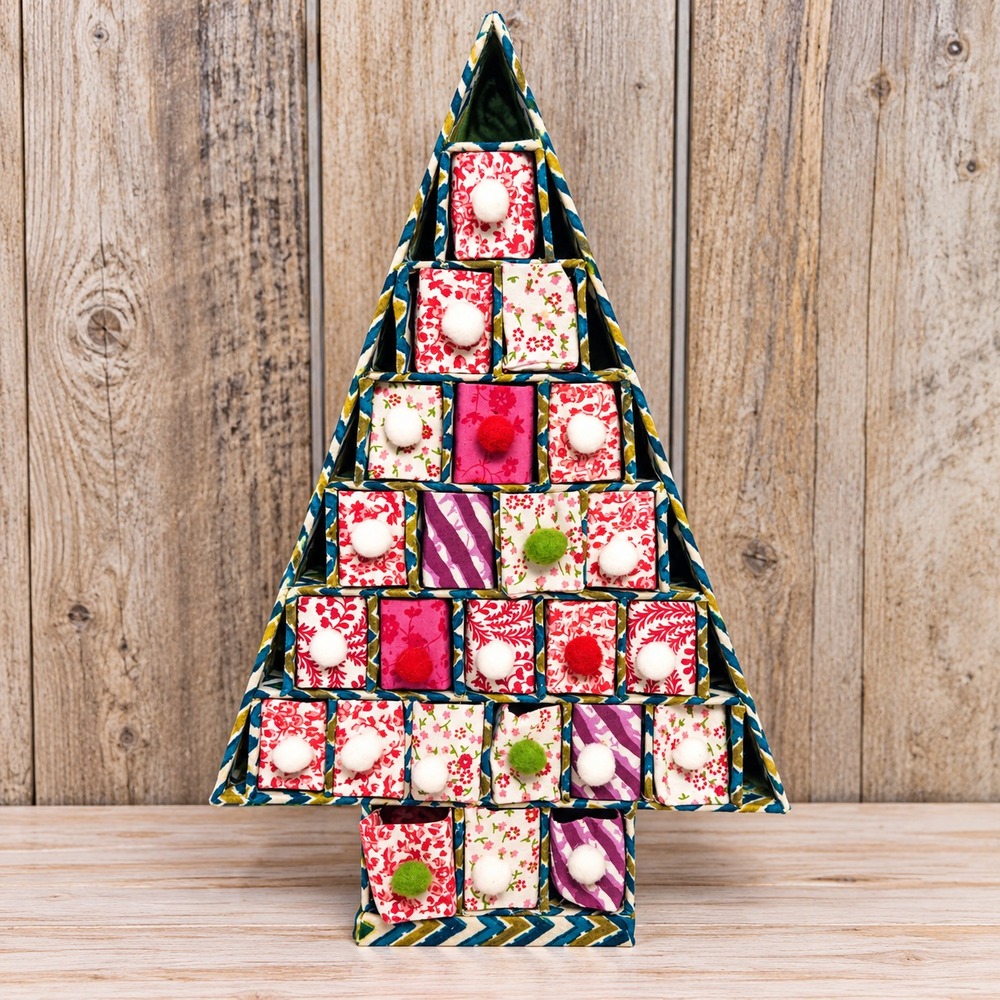 Vintage Table Sitter Advent Calendar Handmade 24 Days Christmas Tree W/Drawers